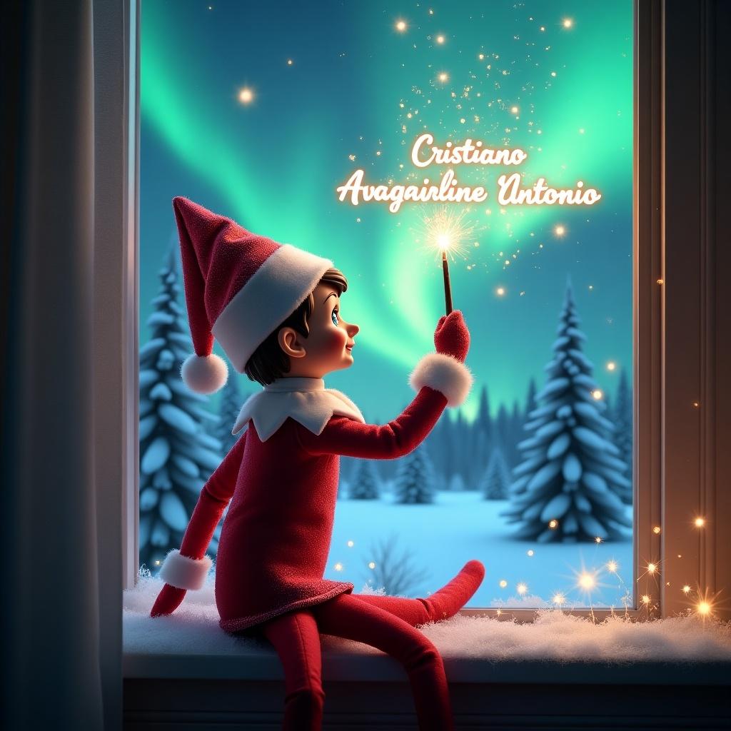 Scene of a charming elf on the shelf on a window ledge. Elf turns back to viewer, uses a wand creating sparks. Looks up at aurora borealis in a snowy landscape. Dressed in red outfit with white trim. Captures festive holiday atmosphere. Enchanting colors enhance magic. Elf writes 'Cristiano Avagailine Antonio' above.