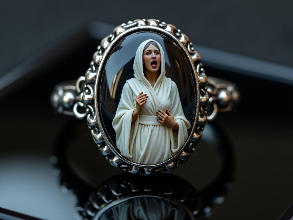 This image features a striking cameo-style ring with an intricately carved figure of a woman in white robes, likely depicting a religious or historical figure. The woman's expression is one of earnest emotion, potentially symbolizing devotion or prayer. The ring's setting includes ornate details, adding to its vintage and sacred aesthetic.