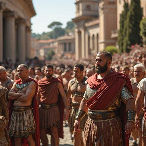 Crowd of Roman citizens in traditional attire. Focus on individuals with detailed clothing and expressions. Warm daylight setting. Historical context emphasized through attire and crowd assembly.