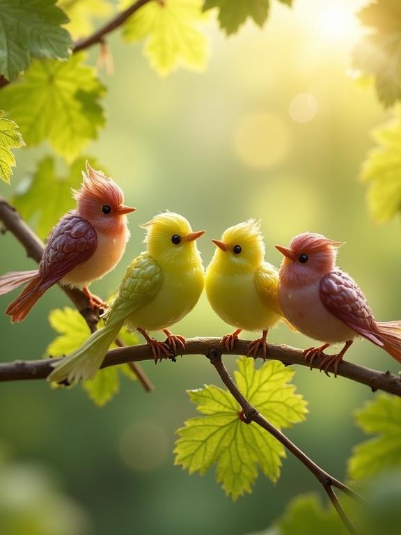 Design intricate birds composed of grapes with grape clusters for bodies and smaller grapes as heads. Wings made of sliced grape skins appear mid-flutter. Tails formed from stems. Juicy drops add realism. Birds perch on branches among light grapevines. Sunbeams shine through leaves creating an airy atmosphere.