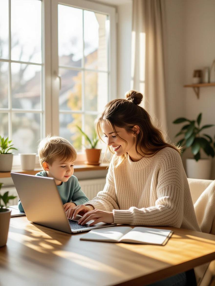 A young mother works on a laptop at a wooden table. Her young son sits nearby drawing. The living room is cozy and inviting with natural light coming through a large window.