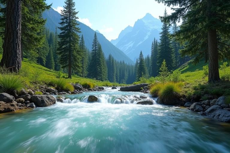 Hyper-realistic landscape scene with a crystal-clear mountain stream flowing through an alpine forest. Turquoise water with white rapids, tall coniferous pine trees with dark bark and deep green needles. Misty blue sky background with forested hills and distant snow-capped mountains. Bright diffused lighting, immersive camera angle near water level.