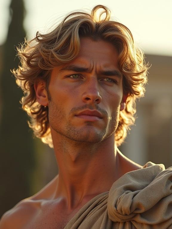 Portrait of a young man resembling a Roman emperor. Defined features inspired by Neoclassical art. Mid-length curly blonde hair flows naturally. Torso visible with tanned muscular appearance. Outdoor setting during sunrise casts a warm glow. Notable facial features include Roman nose and angular jawline. Grey-green eyes reflect strength and determination. High-quality portrait captures essence of classical aesthetics.