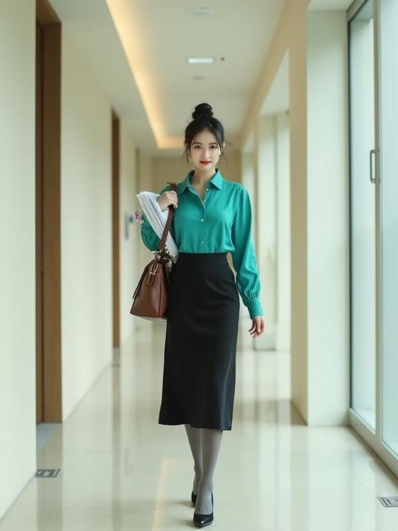 Full-body image of an East Asian female agent walking in a corridor. She wears a turquoise blouse and a black knee-length skirt. Dark grey pantyhose and black closed-toe heels complete her look. Black hair is in a bun with a white flower clip. She carries intelligence files and a brown satchel. The background features off-white modern walls.