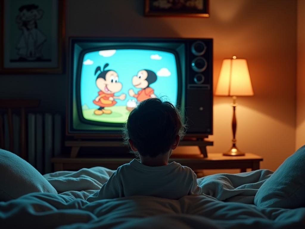 A young child sits on a bed, mesmerized by an old television set that displays a colorful cartoon. The room is softly lit by a lamp, creating a cozy ambiance. The child has curly hair and wears a simple white shirt. The vintage television features characters from a classic animated series. The scene evokes a sense of nostalgia and warmth, reflecting a cherished moment of family time. The background includes a bedside lamp and a framed picture on the wall, enhancing the homey atmosphere.