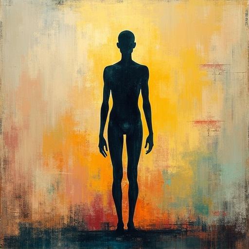 Abstract human figure depicted as a silhouette with minimal anatomical detail. Genderless and anonymous design. Set against a colorful, textured background capturing a hopeful and expressive composition.