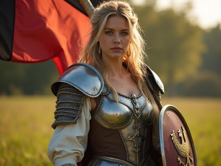 A young woman with light blonde hair and a crown holds a shield and a sword. She wears shining armor and a red skirt. The scene is set in a sunny green meadow. A flag flutters behind her.