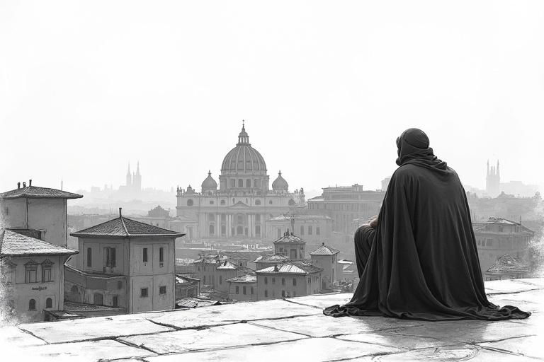 Over-the-shoulder perspective from kneeling monk. Focus on distant view of Rome's skyline. St. Peter's dome is not dominant. Emphasis on older structures and church towers. Sketch style with technical drawing elements. Monochrome presentation portraying a historical feel.