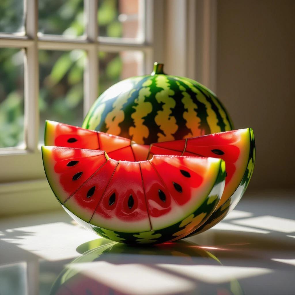 A stunning still life of a watermelon crafted from stained glass panels. Slices are glowing with vibrant colors. Light filters through the panels. Elegant and luminous mood.