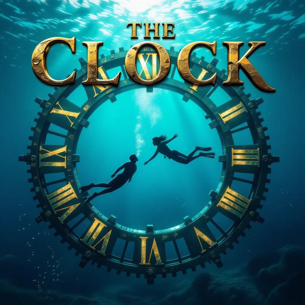 A movie poster for THE CLOCK BENEATH THE SEA features a bright brass title. Two swimmers explore beneath the water. A glowing gear mechanism appears below. Blue-green light creates an atmospheric effect. The style maintains aquatic steampunk realism.
