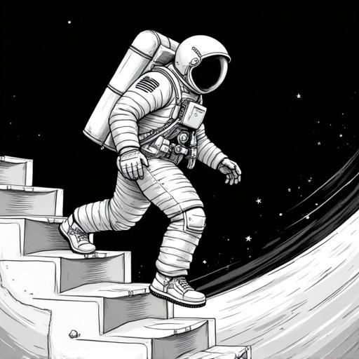 Illustration featuring astronaut descending a staircase. Astronaut in detailed space suit with American flag patches. Backdrop is dark with star patterns. Strong line work and shading depict movement. High contrast illustration in black and white.