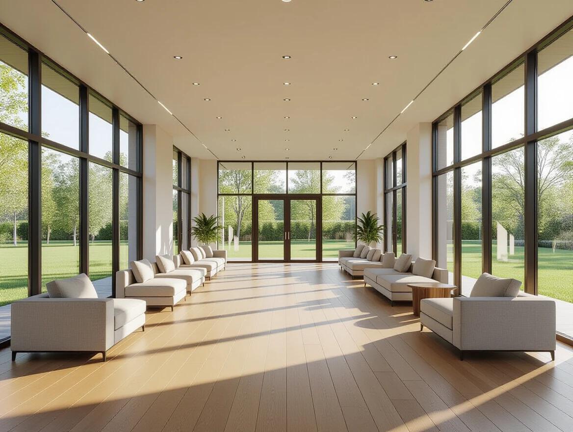 Spacious modern multipurpose hall features large glass windows. Floors are clean wooden. Sofas are neatly arranged. Space is open and uncluttered. Stylish decor is suitable for gatherings. Lighting is warm and welcoming. Natural daylight filters through the windows. Lush green lawn is outside. The atmosphere is calm and elegant. Photorealistic rendering highlights realism. Natural tones create subtle reflections.