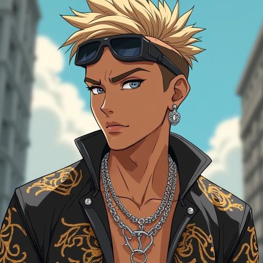 Anime character in a modern hip hop music video. Man has silver eyes and a handsome face. Short light brown spiky hair with short ponytail. Wears expensive streetwear and hip hop jewelry. Portray as an A-list celebrity. Surrounded by beautiful women. Muscular build with tattoos and six-pack abs. Vibrant and smooth design.
