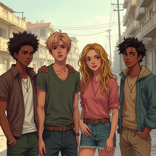 Drawing of a group of four friends. A black woman with pink hair and green eyes. She stands next to a white girl with blonde dreadlocks and brown eyes. Two young white men, good-looking and serious. A Japanese man and his partner. They are in a ruined, post-apocalyptic city.