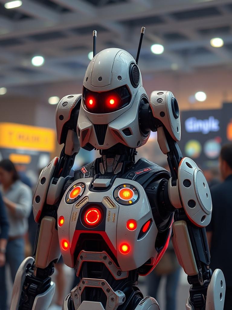 The image depicts a futuristic robot with a sleek, humanoid design. It features a smooth, metallic surface with intricate details and glowing red eyes, emphasizing a technological aesthetic. The background is blurred, suggesting a busy indoor setting like a trade show, with the robot standing as the central figure of attention.