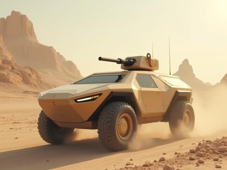 Image of a sleek dusty beige polygonal military APC vehicle with a small mounted gun. Vehicle is in a sunny desert with stone city ruins. Focus on realism, details, and textures in a 4K resolution.