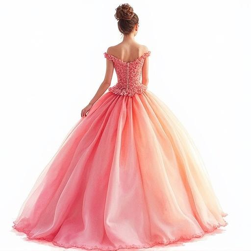 Dress designed for quinceañera with intricate details. Watercolor style provides soft, romantic look. Dress features gradient from peach to pink with embellishments. Soft flowing fabric creates a princess silhouette against a white backdrop.