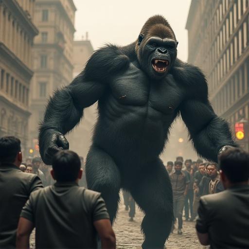 A dramatic confrontation between a giant muscular gorilla and a crowd of 100 men. The gorilla showcases immense strength, while the men stand tense in an urban environment. The scene conveys chaos and intensity.