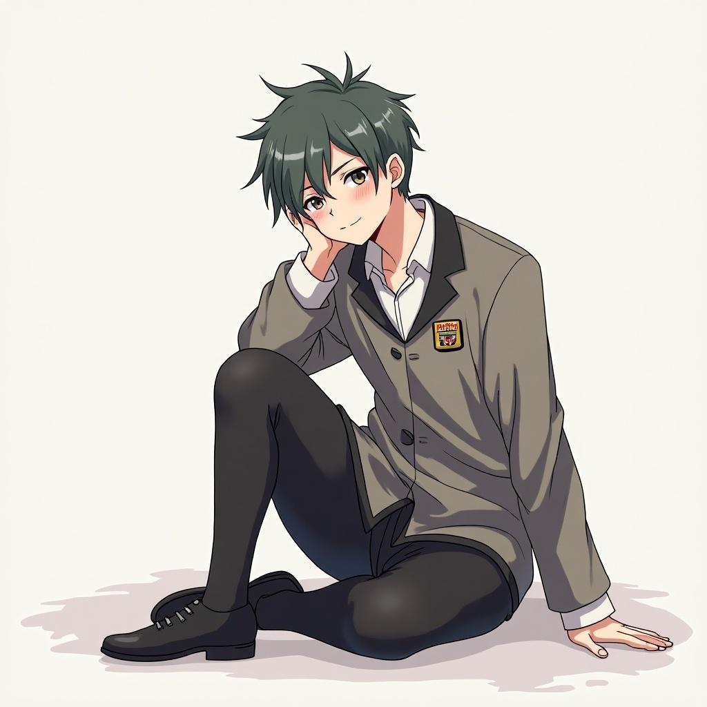 Character with green hair sitting on the floor. Wears a grey school uniform. Displays a relaxed and thoughtful expression.