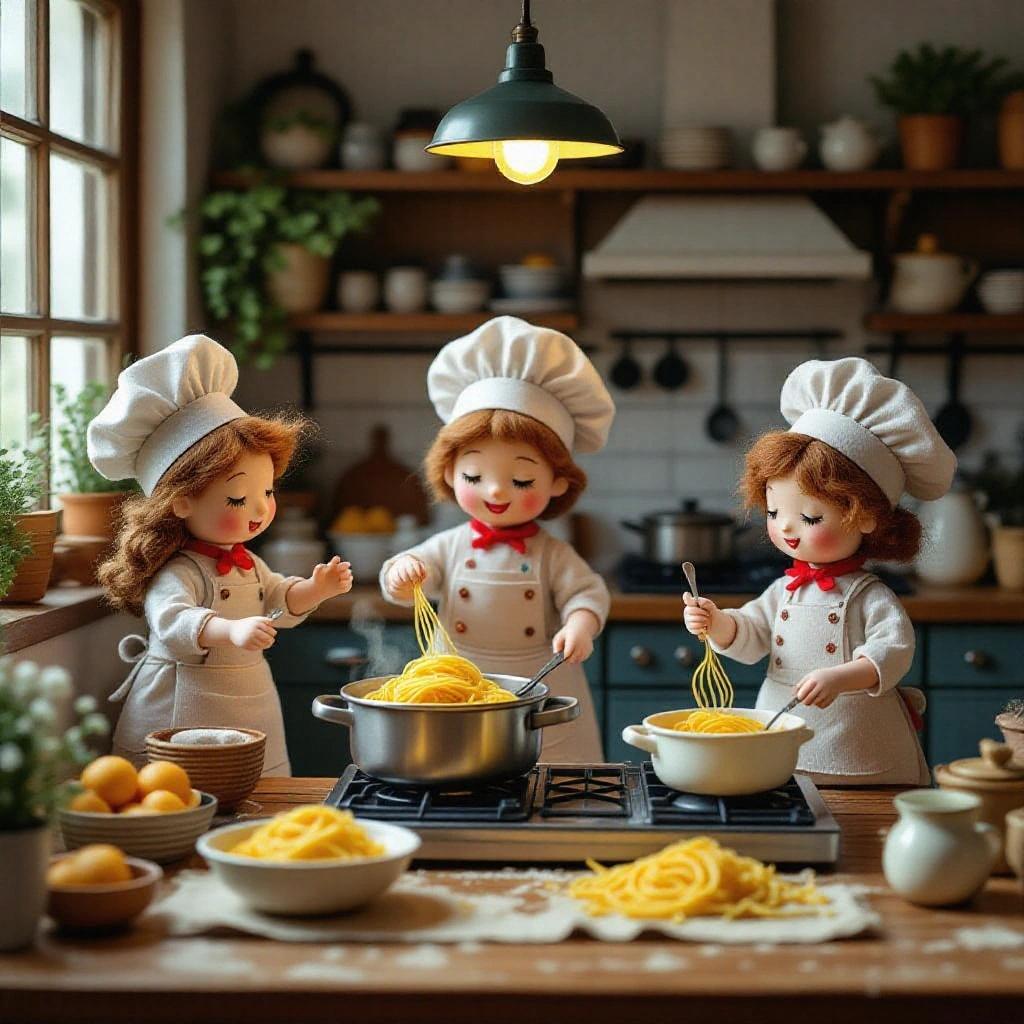 Miniature toys made of felt in a kitchen setting. Chefs joyfully cooking pasta. Each chef focused on a different task such as boiling or making sauce. Studio lighting enhances the dreamlike quality of the scene. Everything is made of felt material.