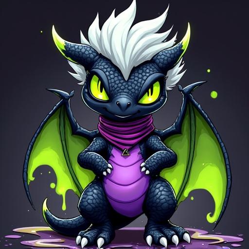 A cartoon dragon with black scales and a shiny melting goo body. Neon lime green underbelly, purple lower jaw. Black eyes with neon green pupils. Fluffy white hair covers one eye. Smug expression with jagged mouth and dragon snout. Triangle mark on the chest and triangular markings on the arms. Digitigrade legs and large sharp claws. Big smooth tail with body spikes. Wears a bright purple and black striped bandana. Features lime green hair tips, bat wings, neck gills, and arm fins. Digital furry art in a playful style.