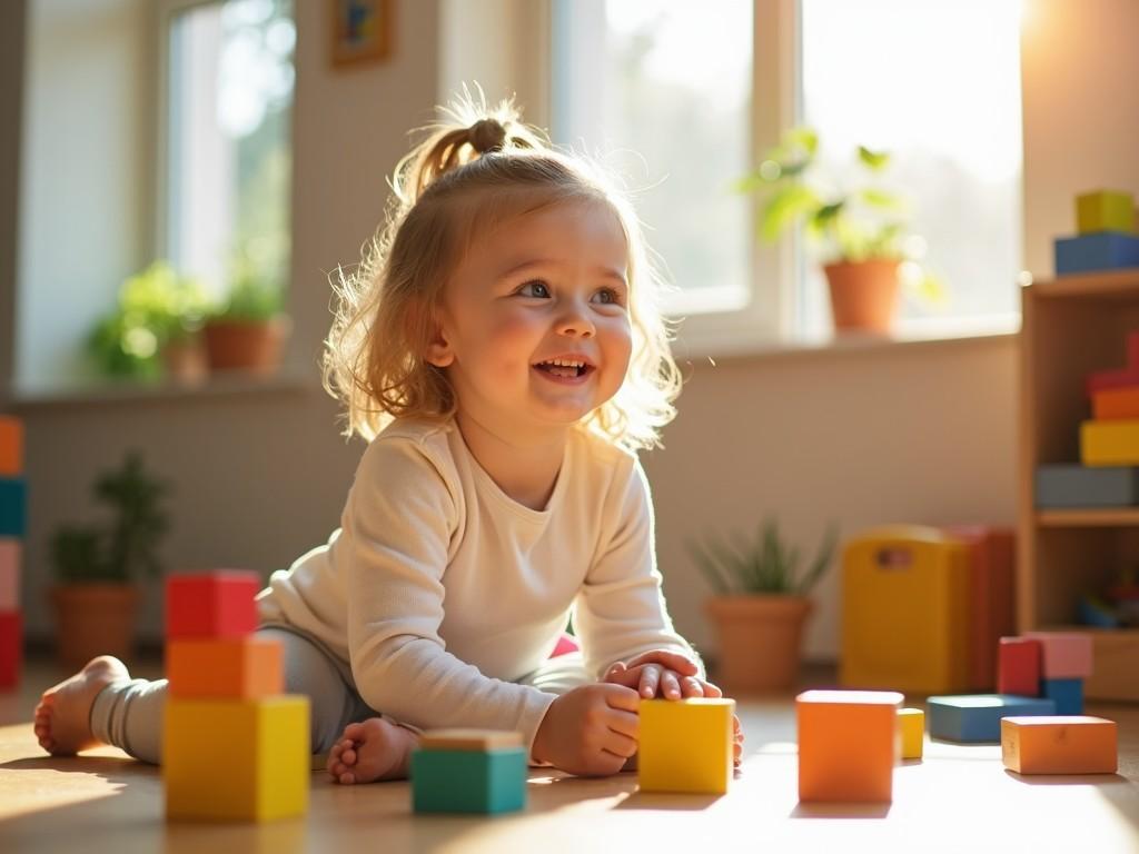 This image features a joyful toddler playing with colorful blocks in a sunlit room. The child has a big smile, showcasing happiness and curiosity. The setting includes several plants, emphasizing a warm and inviting atmosphere. The soft, natural light enhances the playful mood of the scene. This moment captures the essence of childhood play and discovery.