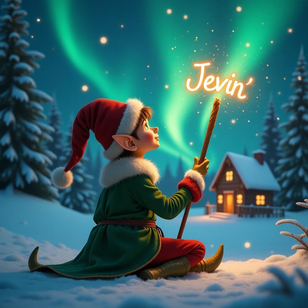 An elf sits with its back to the viewer. The elf gazes skyward while holding a glowing wand. A charming Christmas scene includes colorful northern lights. A cozy house is in the distance. Snow covers the ground. The elf embodies the magic of Christmas. ‘Jevin’ appears in the air from the wand.