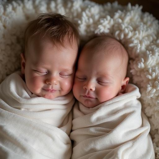 Two newborn babies wrapped in soft blankets. One baby is a girl and the other is a boy. They are twins and appear the same size. Birth date displayed shows 07.05.2025. Welcoming message includes Hoşgeldin Elisa and Ali Aras.
