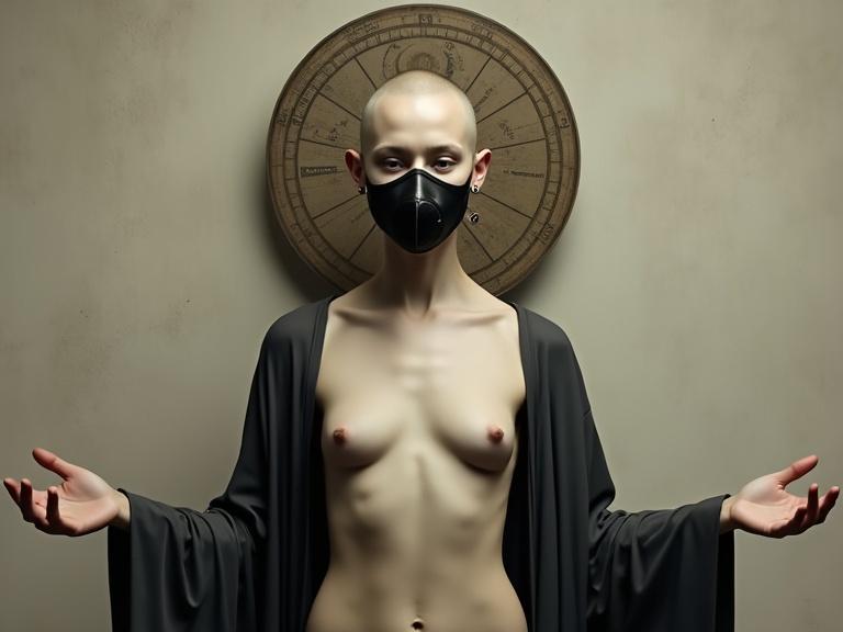 Create a stark and enigmatic studio portrait of a nude gaunt bald woman with a dark leather muzzle-like mask and a halo behind her head. She stands with arms extended. The color palette is muted and monochromatic in beige gray and black. Style should be realistic with attention to textures against a textured wall. Mood should be unsettling mysterious evoking themes of control and vulnerability.