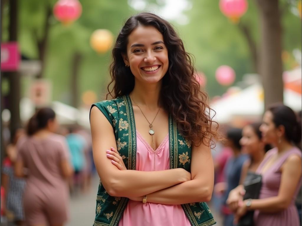 A woman with long, wavy hair smiles warmly while standing outdoors. She has her arms folded and is dressed in a pink sleeveless dress paired with a green vest featuring intricate patterns. The background is softly blurred, hinting at trees and colorful decorations that create a lively atmosphere. Her expression radiates happiness, suggesting she is enjoying a festive event. The soft lighting adds to the pleasant, cheerful vibe of the scene.