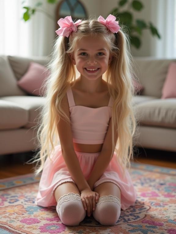 A child with long blonde twin tails and pink bows smiles while kneeling on a colorful rug. The outfit includes a crop top and a pink skirt, with thigh-high socks and black shoes. The living room has a soft light and comfortable furniture.