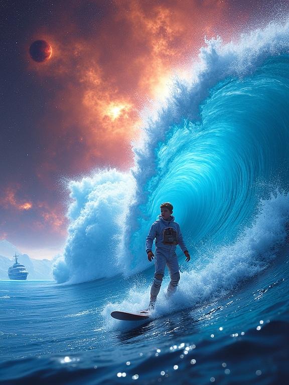 A young astronaut practices cosmic surfing on a giant wave of electric-blue plasma. Behind is a star cluster that blazes in orange and red hues. Half-sunken ancient ships appear as archaeological remains. Energy beams create a vibrant spectacle.