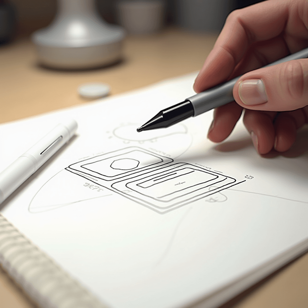 A hand holding a pen is sketching a design on paper with line art details.