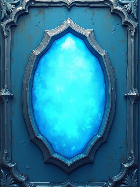 A whimsical fantasy card back design for a trading card game. Light blue background with a glowing blue oval stone in the center. Symmetrical design with an artistic frame. No text included.