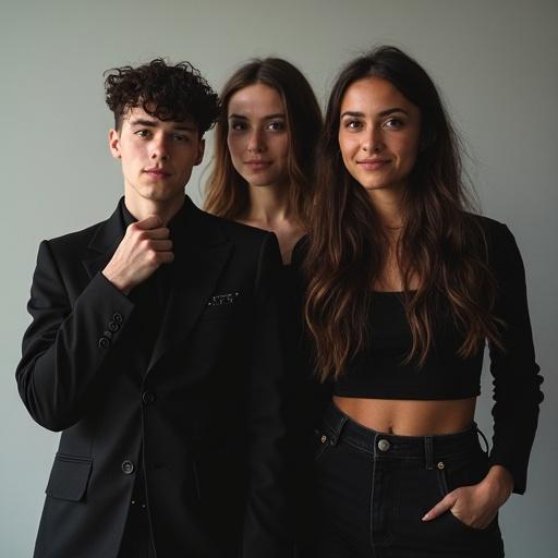 Photo of three young adults standing together. The two males and one female pose directly facing the camera. They wear contemporary clothing styles. The ambiance is casual and stylish.