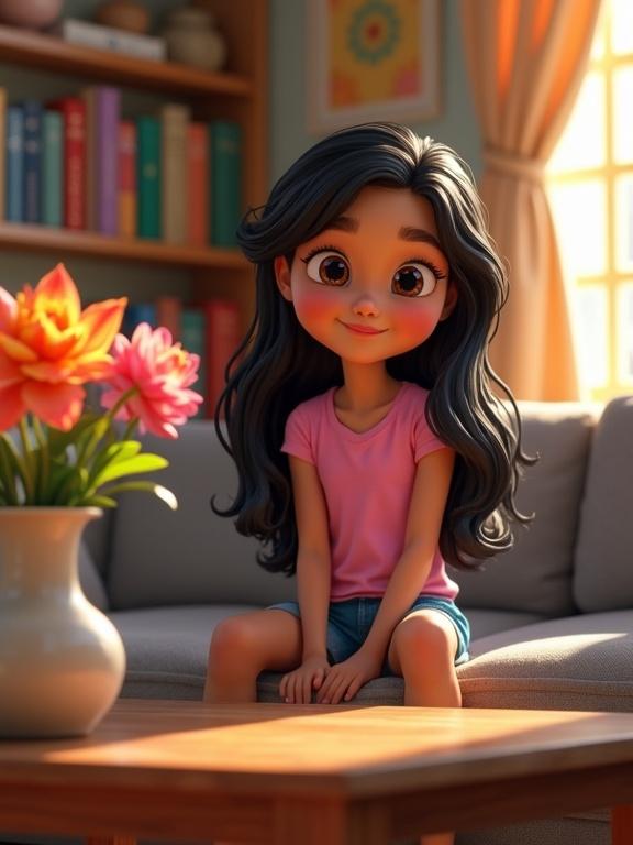 HD Disney style illustration of young girl sitting on gray couch in warm and cozy living room. She has long wavy black hair and is wearing a pink shirt and blue shorts. Sunlight fills the room with a gentle glow. A vase of colorful flowers is on the wooden coffee table.