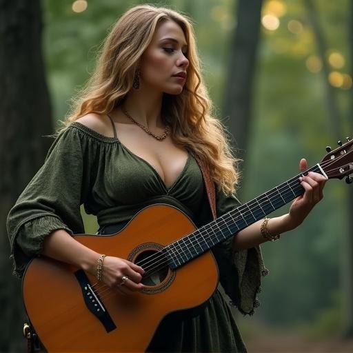 Beautiful woman with curvy figure playing acoustic guitar in deep forest. Realistic art style with 8k resolution.