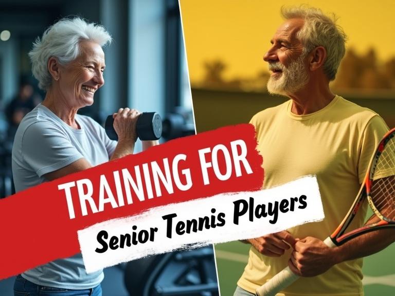 A YouTube thumbnail is split diagonally. An elderly woman lifts a dumbbell, smiling in a gym. An elderly man holds a tennis racket on a court. Use high-contrast lighting and vibrant colors. Bold text reads 'TRAINING FOR' on a red banner and 'SENIOR TENNIS PLAYERS' on a yellow-orange banner. Style is dynamic and mobile-friendly.