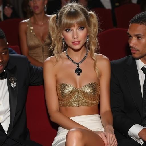 A young woman in a gold bikini top and white miniskirt sits happily at an awards show. She drapes over a young black man next to her. She is wearing a black queen of spades pendant and high heels. The scene captures the excitement of the event.