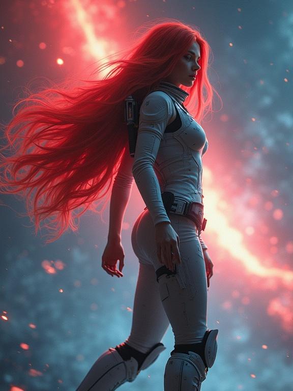 A high-tech girl is standing in space with bright red hair and futuristic clothing. She has weapons and is surrounded by a swirling background of light and texture. The image has a dynamic and vivid aesthetic with an ethereal glow.