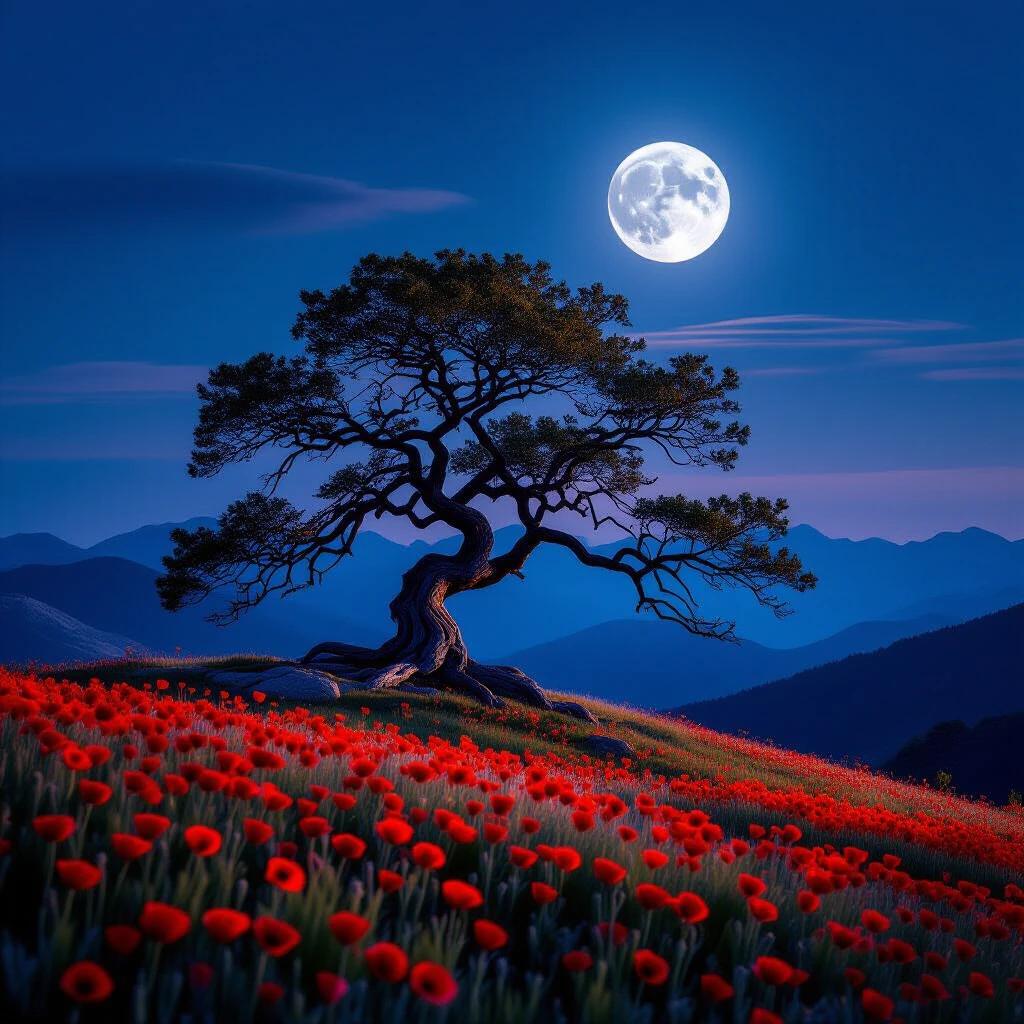 A solitary ancient oak tree on a mountain peak. Gnarled branches reach towards a full moon. Bright red poppies blanket the hillside. Silvery light of the moon illuminates the scene. Dramatic shadows enhance the peaceful atmosphere.