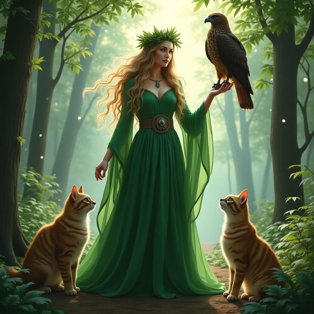 Freya stands gracefully in a mystical forest. She wears a flowing green gown. Her long hair cascades down. A crown of leaves adorns her head. Two cats sit beside her. A hawk perches on her hand. Light filters through the trees. The atmosphere is magical.