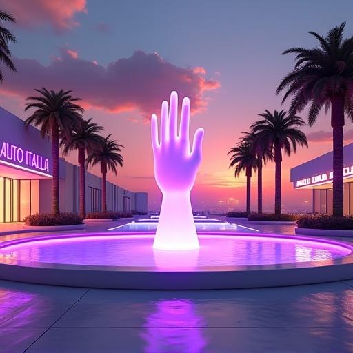 Digital artwork shows a futuristic neon-lit scene. A large illuminated hand sculpture sits in the center. The hand gestures a welcoming pose and glows purple. A circular pool surrounds it, reflecting light and the hand. The plaza features modern buildings with neon signs. The sky transitions from orange to blue with clouds. Palm trees are placed around the plaza.