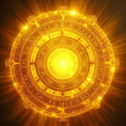 A yellow sun with mystical runes that represent all knowledge in the universe. The sun is glowing brightly at the center. Surrounding it are ancient symbols and runes.