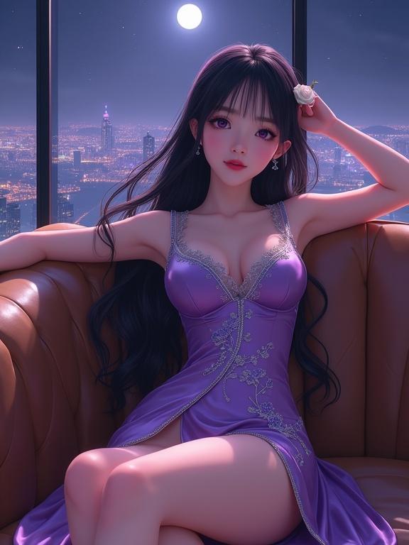 A semi-anime East Asian lady lounges on a light brown leather sofa. Long dark violet hair flows while a white rose adorns one ear. She wears a glossy violet cheongsam-style evening dress with high slits. The dress has silver floral embroidery with a delicate sheer upper section. The lady reclines with one arm behind her head and the other on her thigh. The perspective is low, looking from her legs up toward her torso. The background shows large windows with a glowing night city skyline and a bright full moon. The atmosphere is luxurious and romantic, with ultra-detailed soft lighting in a semi-realistic anime style.