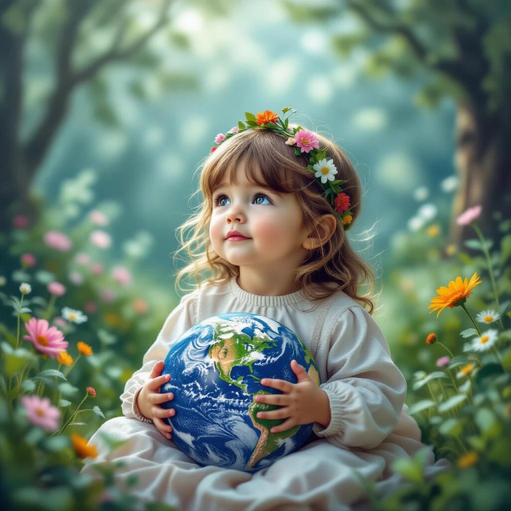Image of a child holding a globe. Flowers surround the child. Soft light creates a warm atmosphere. The image evokes a sense of care for the planet and awareness of health issues. Ideal for educational purposes.