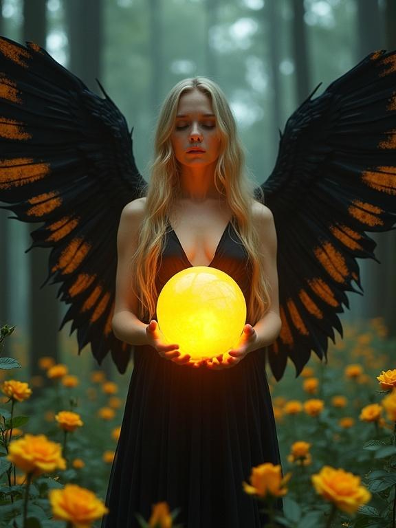 A mystical female figure with large black wings holds a glowing orb. The setting is a dark forest filled with yellow roses. She has long blonde hair and wears a sleeveless black dress. The atmosphere is serene and ethereal with soft light filtering through the tall trees.