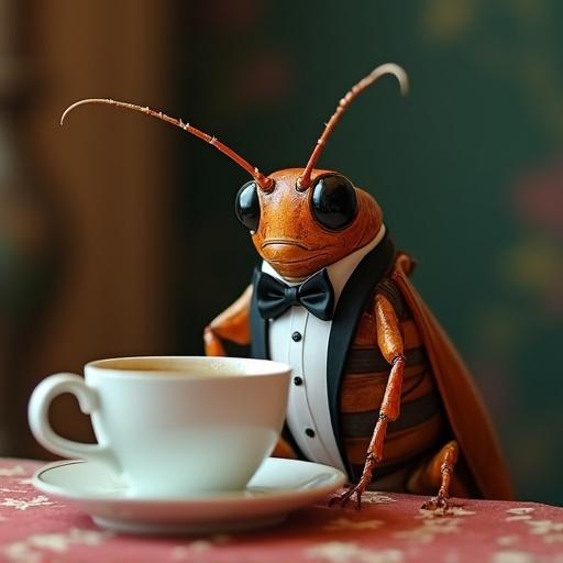 Cockroach sitting at a table wearing a tuxedo. Cockroach is holding a cup of tea. The setting creates a whimsical atmosphere. Soft lighting enhances the scene.