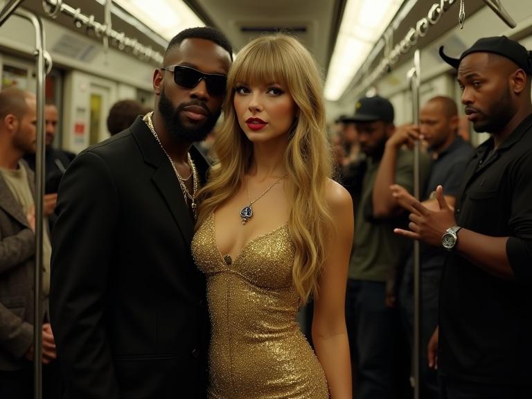 Photorealistic scene in a crowded subway train showcasing a young elegant woman in a gold dress with long hair and an older man in a suit. They appear happy and close together. Surrounding elements include urban commuters and a vibrant atmosphere.