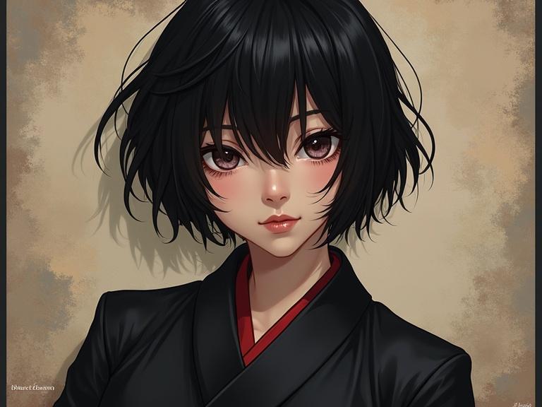 Portrait of a young female character with short black hair dressed in a black outfit. She has a soft expression with big eyes, set against a subtle background. The overall tone combines elements of cuteness and dark aesthetic.